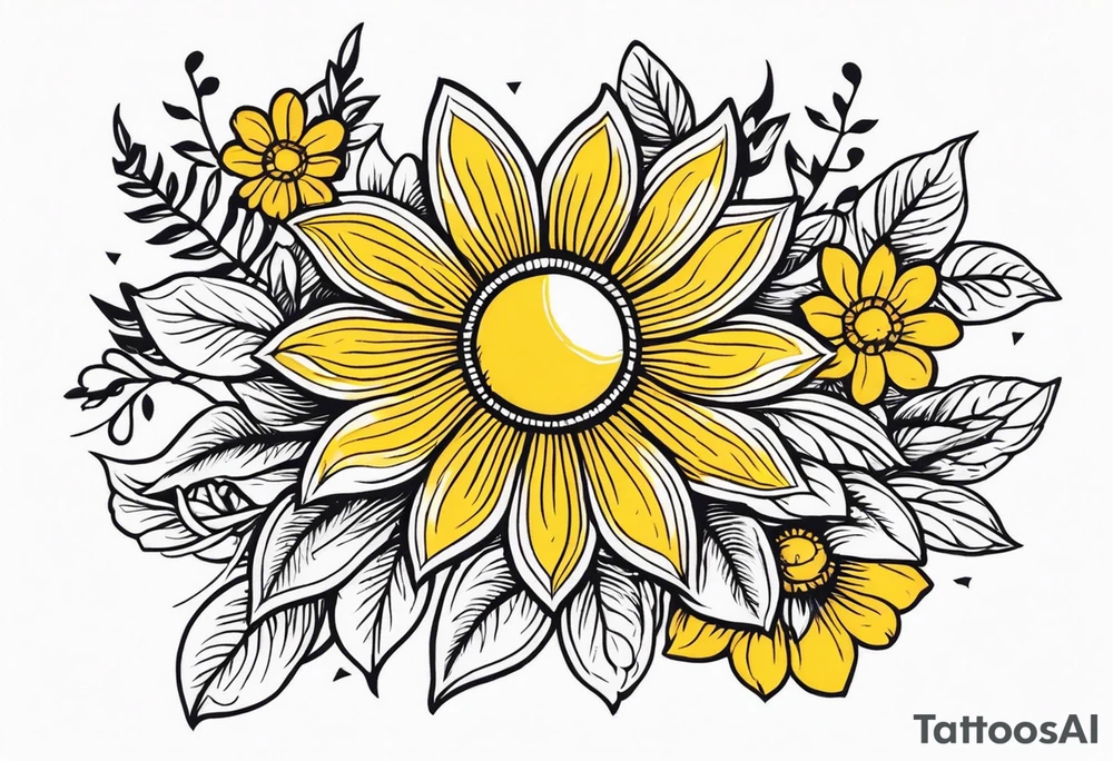 sunshine
old school vintage simple traditional design with vintage flowers surrounding
bold color simple tattoo idea
