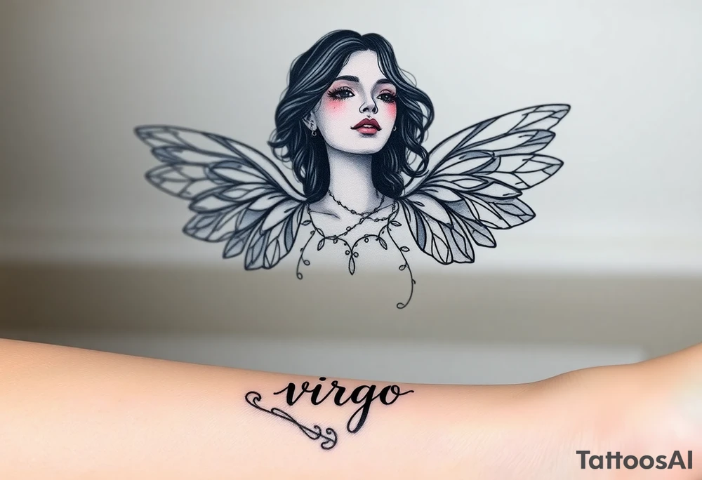 A divine woman with ethereal wings made of delicate lace and vines, symbolizing Virgo’s purity and the word virgo tattoo idea