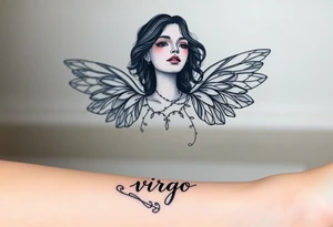 A divine woman with ethereal wings made of delicate lace and vines, symbolizing Virgo’s purity and the word virgo tattoo idea