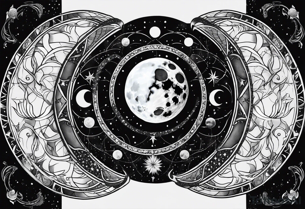 Fine line Snake around the moon phases with constellations tattoo idea