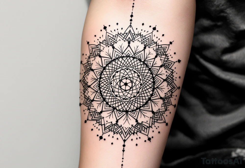 simple, minimalist tattoo, sacred geometry mandala, centerpiece design, dotwork patterns, radiating geometry, symmetrical mandala, geometric shapes, intricate dotwork, sacred patterns, mandala center, geometric radiating, fine line work, black grey shading, minimalist design, no outlines, arm placement, delicate linework, precise geometry, clean symmetry, sacred symbols, geometric precision, dotwork details, mandala focal point, refined patterns, understated complexity, geometric harmony, minimalist tattoo idea