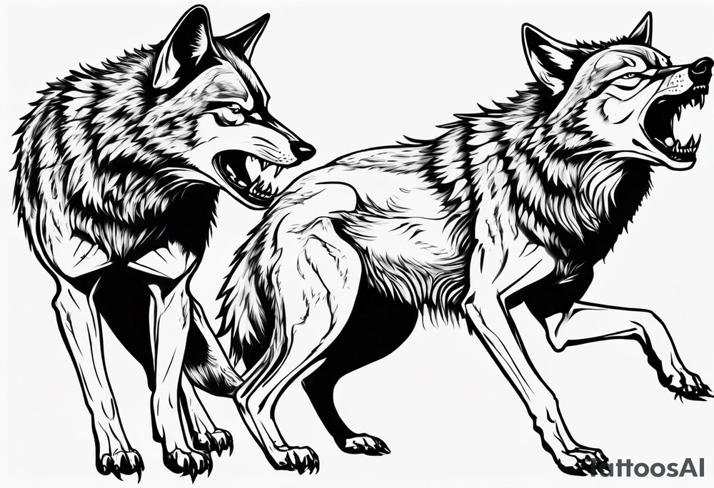 two wolves with their mouths closed and dancing on their hind legs. tattoo idea