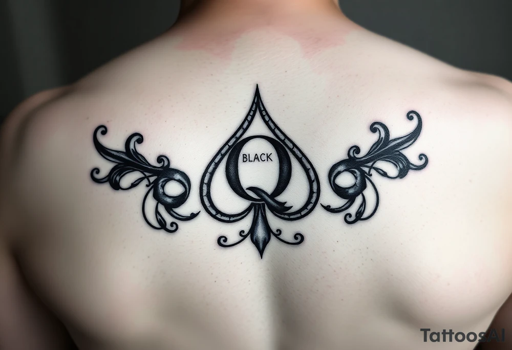 A spade womb tattoo with a Q in the center, with three points around the outside. The first reading, "BLACK". The second reading, "SEED". The third reading, "ONLY". tattoo idea