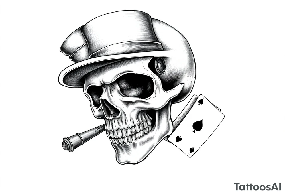 skull with mustache, cigar in his mouth,top-hat on his head and playing cards in his hand. tattoo idea