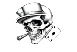 skull with mustache, cigar in his mouth,top-hat on his head and playing cards in his hand. tattoo idea
