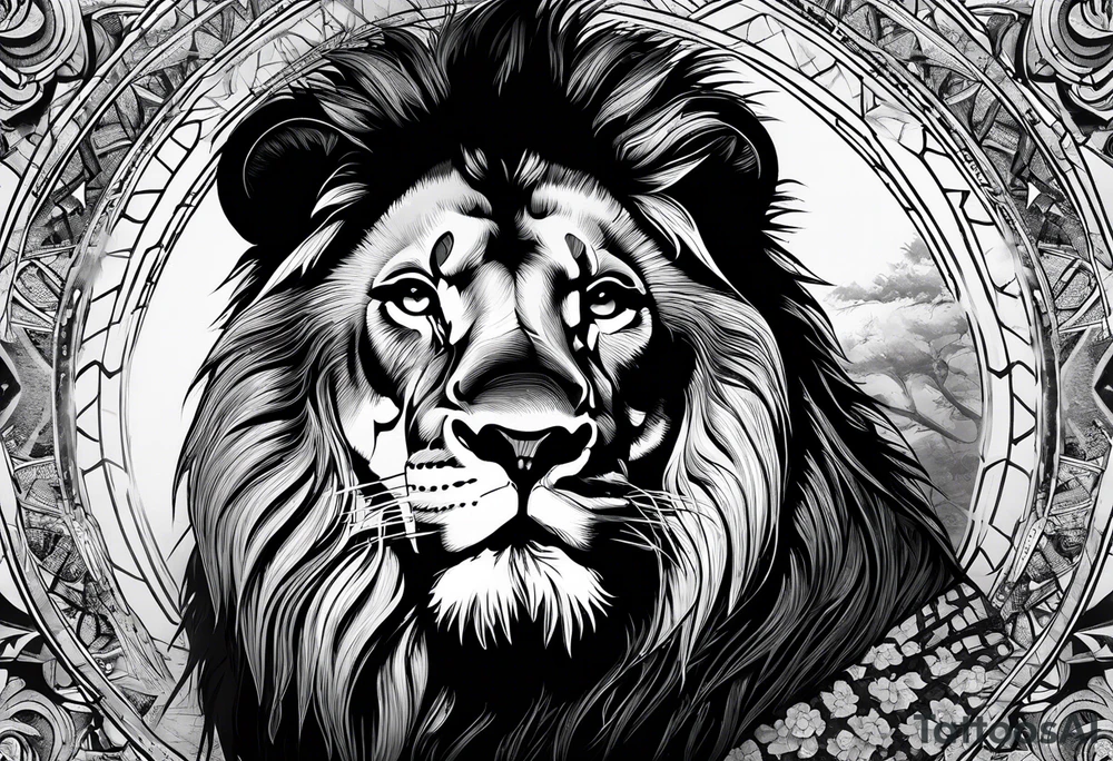 Powerful lion with artistic surroundings including my family members names, Roger, Angèle, Imani tattoo idea