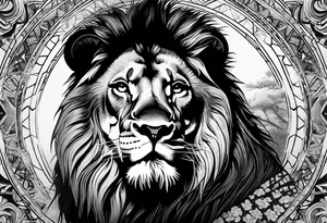 Powerful lion with artistic surroundings including my family members names, Roger, Angèle, Imani tattoo idea