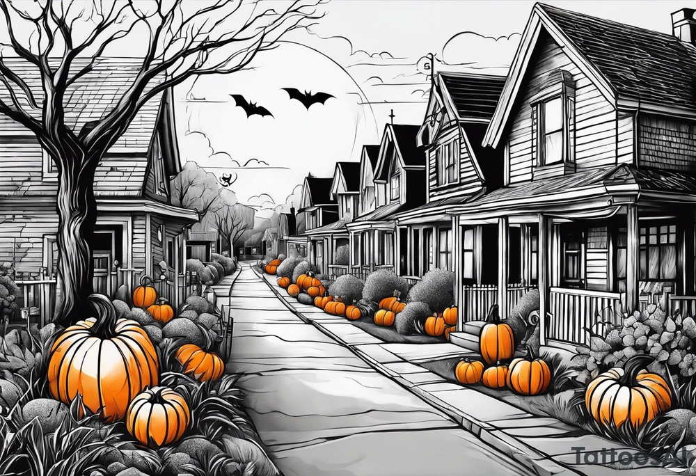 Neighborhood street in fall with Halloween pumpkin tattoo idea