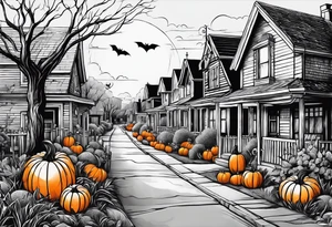 Neighborhood street in fall with Halloween pumpkin tattoo idea