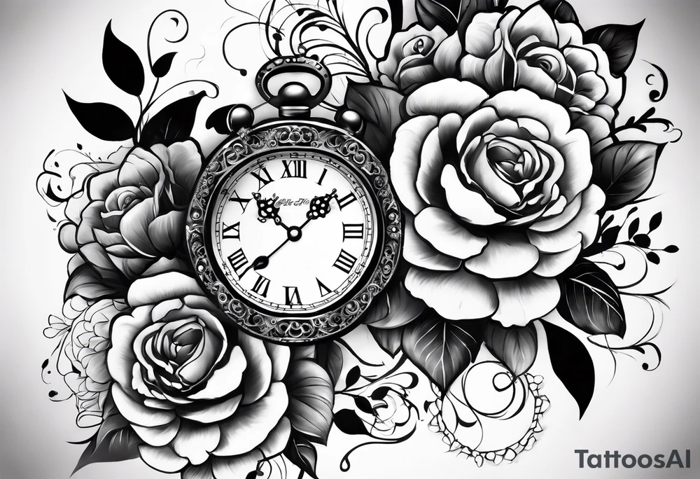 Aniya 6:51pm, Amari 4;57pm, Ameer 5:33am flower clocks teddybears tattoo idea