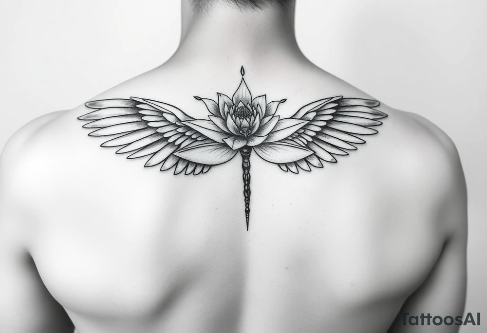 Angel wing shoulder design with a floral waterlily and dragonfly design above it tattoo idea