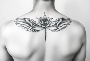 Angel wing shoulder design with a floral waterlily and dragonfly design above it tattoo idea