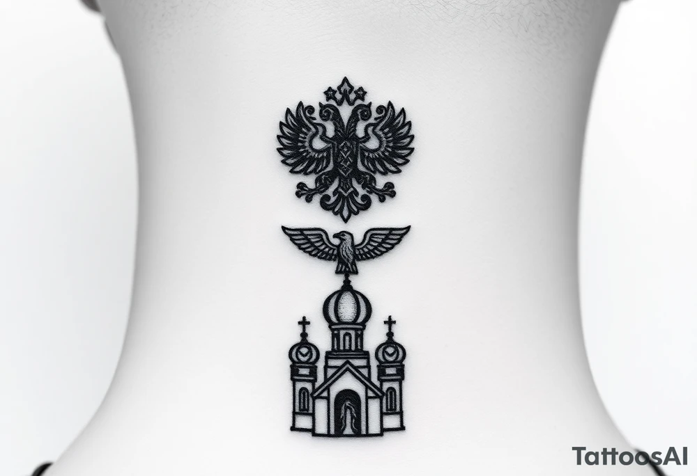 Stacked Vertical Column 

Russian star — small, bold
Middle: Miniature double-headed eagle — simplified, cleaner lines to suit the smaller space
Bottom: Orthodox church dome(s) with a small Virgin Mary silhouette beneath tattoo idea