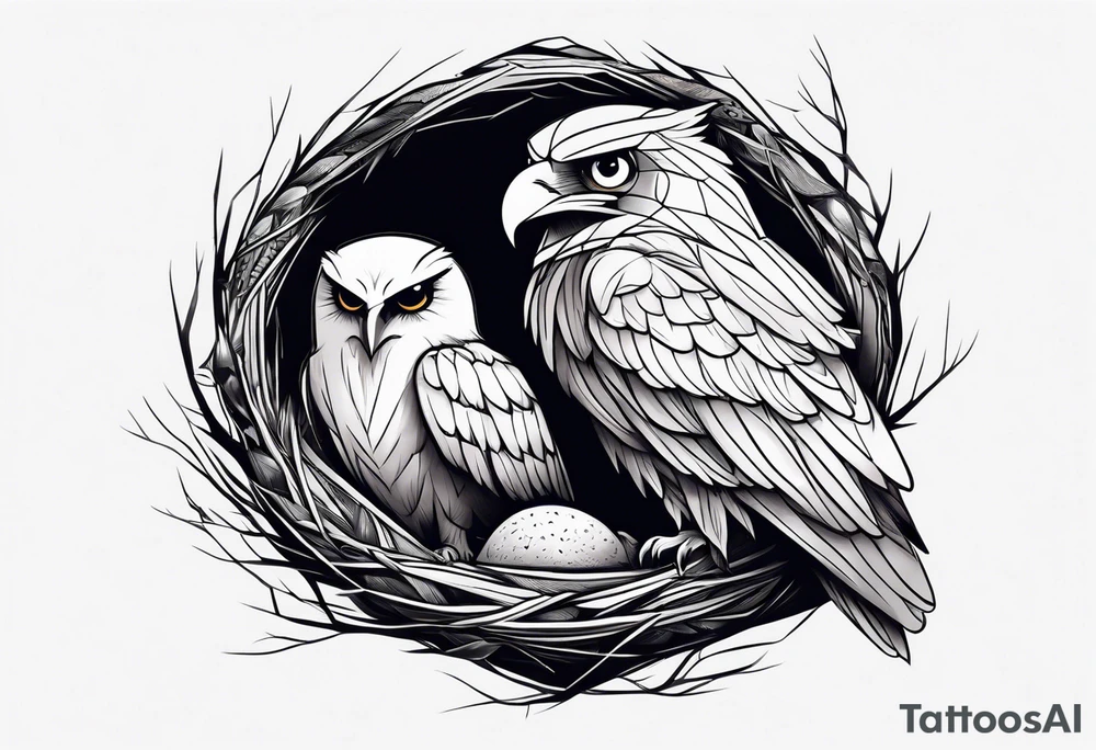 Owl, raven, eagle cuddled in a nest, looking down into the nest tattoo idea
