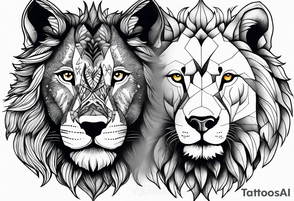 lion and a wolf combined whit a forest tattoo idea