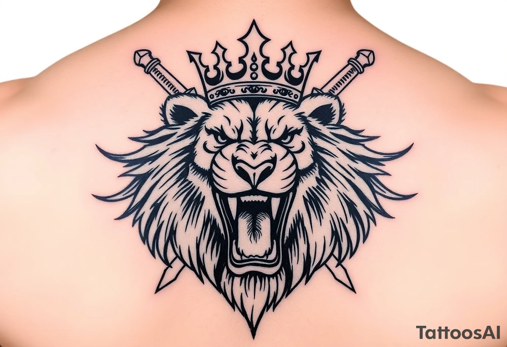 Fierce lion roaring, crown tilted, crossed swords framing its head. tattoo idea