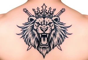 Fierce lion roaring, crown tilted, crossed swords framing its head. tattoo idea
