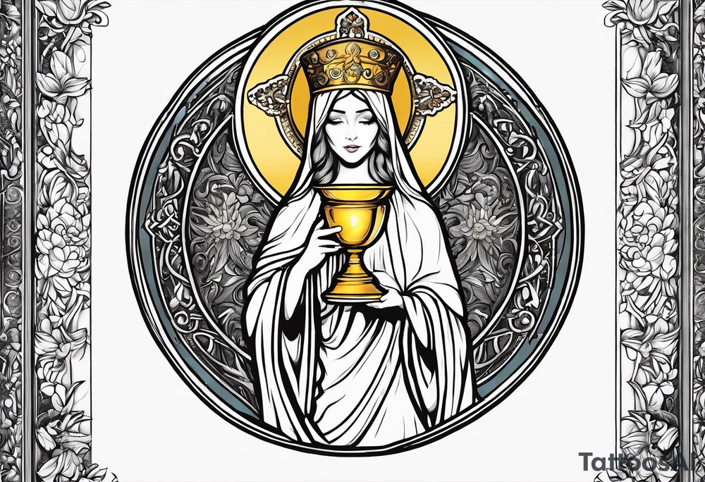 holy saint woman with golden halo holding a chalice tattoo idea