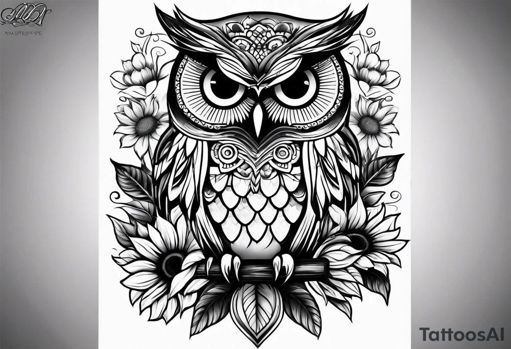 Black and white owl with sunflowers leg sleeve tattoo idea