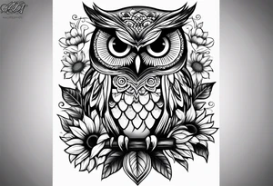 Black and white owl with sunflowers leg sleeve tattoo idea