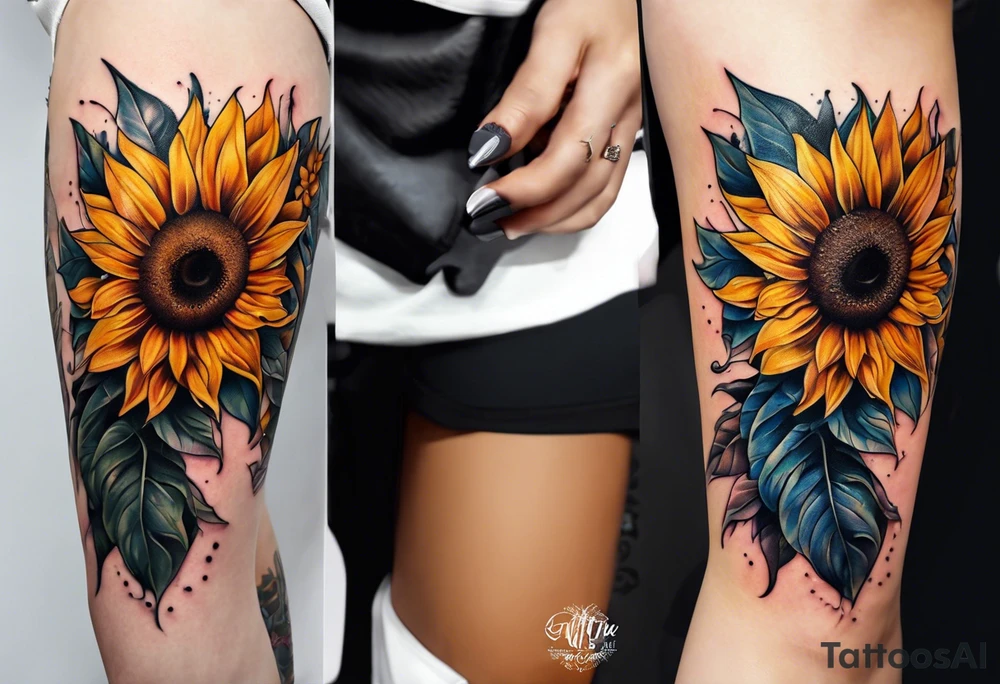 Leg sleeve sunflower tattoo idea