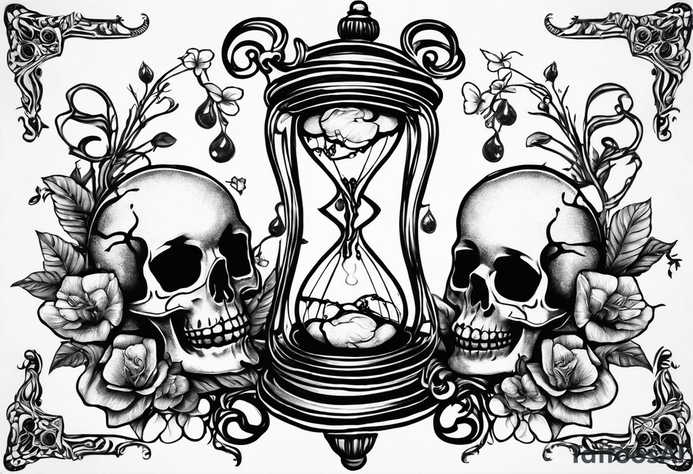 Hourglass with vines and flowers in the top bulb that are trickling like sand into the lower bulb containing a skull semi-submerged in the sand. The words “Memento Mori” are written on the hourglass tattoo idea