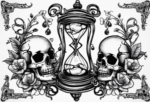 Hourglass with vines and flowers in the top bulb that are trickling like sand into the lower bulb containing a skull semi-submerged in the sand. The words “Memento Mori” are written on the hourglass tattoo idea