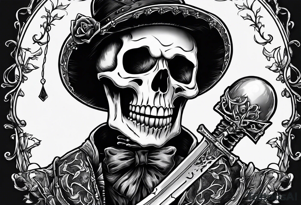 depressed skeleton holding his heart in his hand with a dagger through it tattoo idea