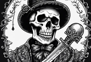 depressed skeleton holding his heart in his hand with a dagger through it tattoo idea
