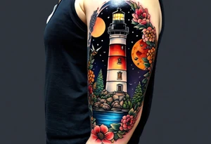 A lower forearm sleeve full colour coming down from a bicep with flowers joined with lighthouse, honeycombs, mandala flowers, and owl, bees, pinecone, lady bugs. Moon tattoo idea