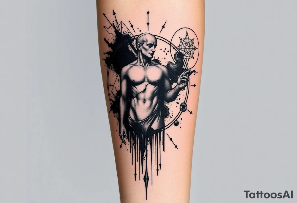 Vertical forearm tattoo design, tall and narrow composition fitting the shape of the forearm, dark surrealism and mythological symbolism. Fragmented human statue or abstract humanoid shape, partially dissolving into black ink splashes, smoke, and geometric lines. Surrounded by sacred geometry circles, occult and alchemical symbols, surreal dripping eyes, fine composition lines, and abstract fragments. Fine line tattoo style mixed with etching and engraving texture, high contrast, clean outlines, minimal background. Designed for forearm placement and easy extension into a full sleeve. No bodybuilding aesthetic, no fitness-style anatomy, focus on surreal atmosphere, mysterious symbolism, and artistic detail. tattoo idea