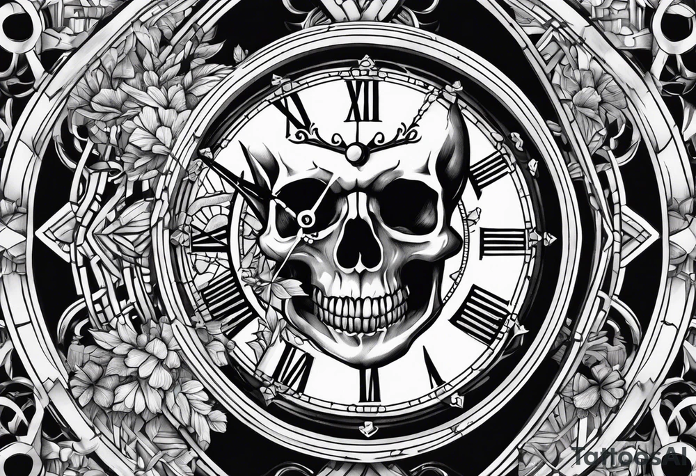 Broken clock with skeleton fingers on hand tattoo idea
