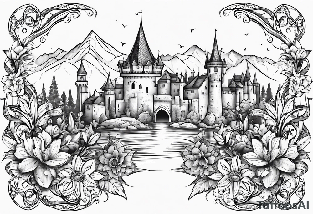 medieval tribal city land flowers vignette tattoo idea