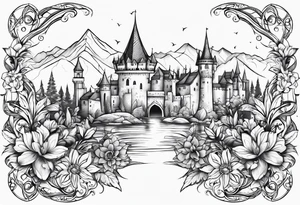 medieval tribal city land flowers vignette tattoo idea