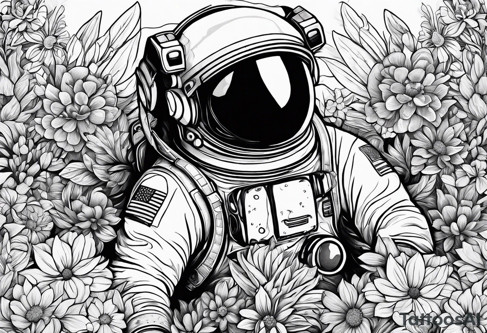 Astronaut laying in flowers tattoo idea