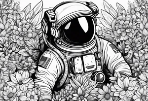 Astronaut laying in flowers tattoo idea