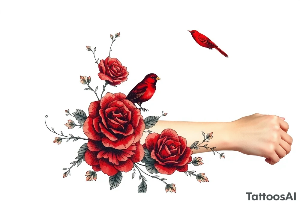 Vintage dollies, red roses, lace, red bird tattoo idea