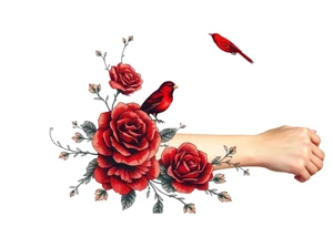 Vintage dollies, red roses, lace, red bird tattoo idea