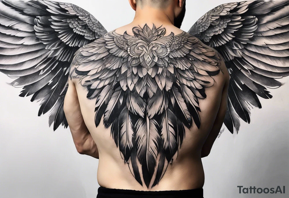 wings tattoo extending from a mens shoulders, covering the upper arms and upper back. The feathers are intricately detailed, with soft shading in black and gray to create depth and texture. tattoo idea