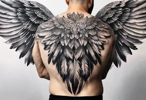 wings tattoo extending from a mens shoulders, covering the upper arms and upper back. The feathers are intricately detailed, with soft shading in black and gray to create depth and texture. tattoo idea