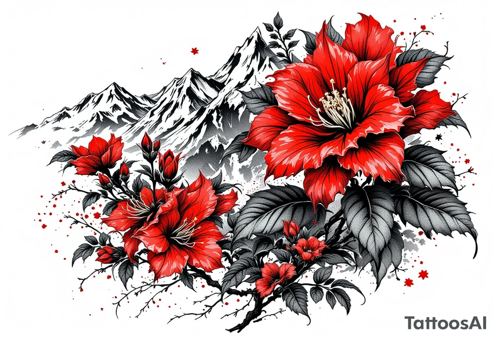 red  and black rhododendron trippy with Himalayas behind tattoo idea