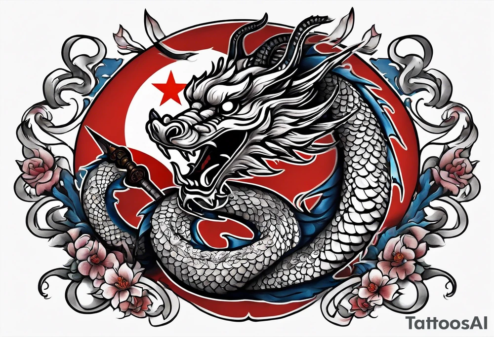 Asian dragon wrapping around an anchor centered on the Korean flag tattoo idea