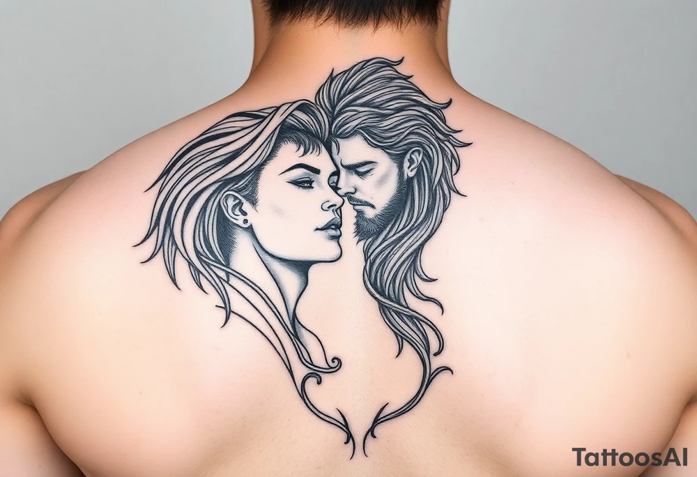 Eros and psyche in illustrative fine line tattoo idea