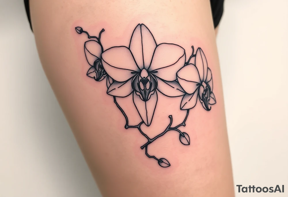 Draw of three fine line orchids different size realistic, the central part resembles a vagina. Are connected with branches tattoo idea