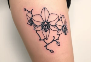 Draw of three fine line orchids different size realistic, the central part resembles a vagina. Are connected with branches tattoo idea