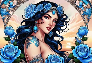 Aphrodite is the goddess of love, with a seaside background, surrounded by birds.. blue roses frames, background blue,present it in a tattoo, black hair tattoo idea