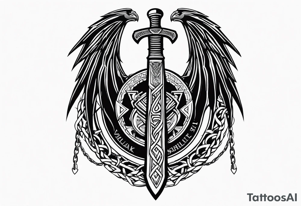 Valhalla sword shield dragon axe Valknut barbed wire chains tribal tattoo idea Valhalla sword shield dragon axe Valknut barbed wire chains tribal tattoo idea