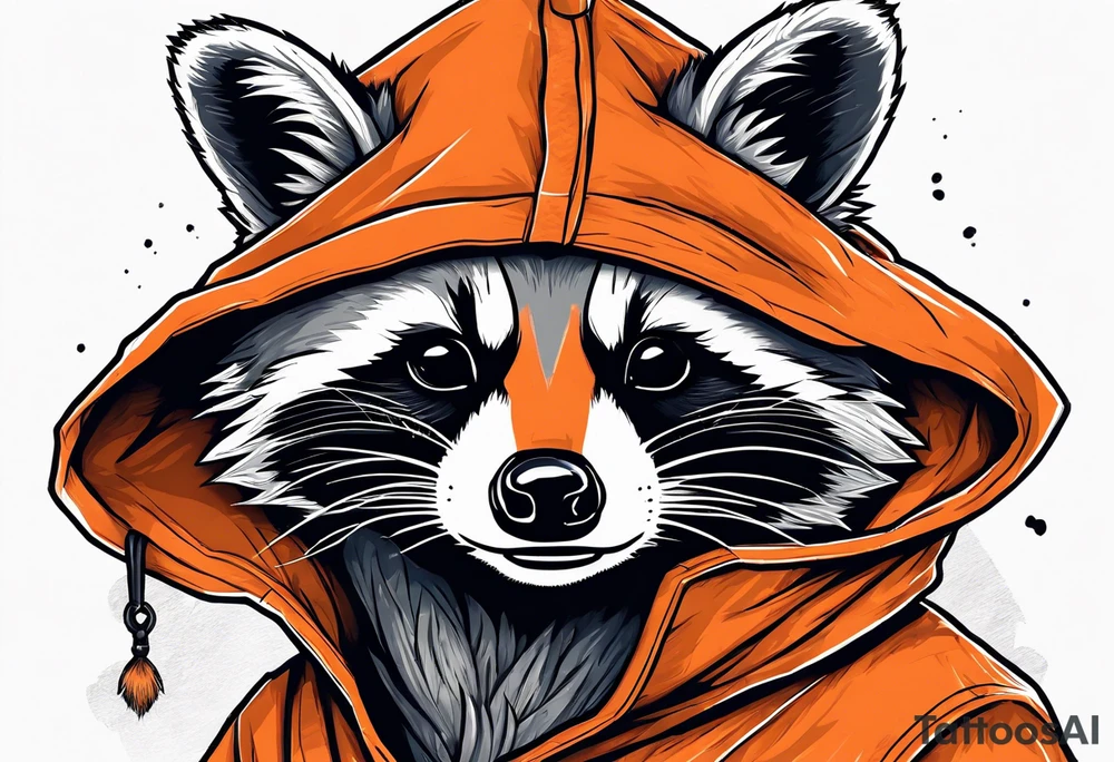 Raccoon wearing an orange Superman hoodie tattoo idea