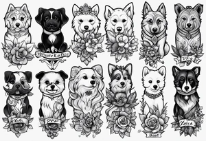 forearm tattoo lettering name of each of my dogs "Tasha Katie Kiera Zeke Pixie Bud Bear" tattoo idea