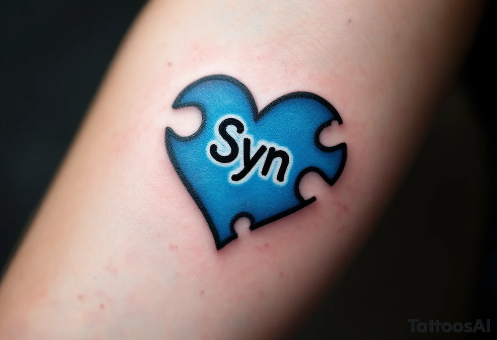 A puzzle piece in bright blue labeled “Syn,” fitted perfectly into a black outline of a heart. tattoo idea